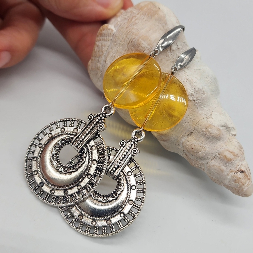 Free People Jewelry Beewax Amber Silver "Inka" Discs Dangling Earrings - Picture 12 of 13